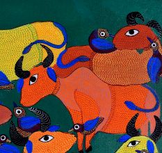 Cow and Birds Figures Gond Art Paper Painting by Durgabai Vyam