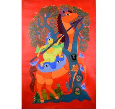 Hand-Painted Traditional Gond Art Paper Painting by Padma Shri Durgabai Vyam