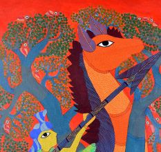 Hand-Painted Traditional Gond Art Paper Painting by Padma Shri Durgabai Vyam