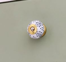 White Black Dots Leaf Cabinet Knob