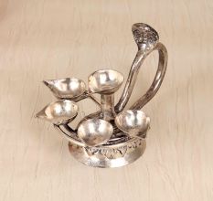 Silver Finish Brass Aarti Oil Lamp with Cobra Handle for Prayer Room