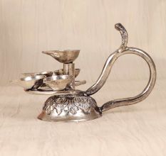 Silver Finish Brass Aarti Oil Lamp with Cobra Handle for Prayer Room