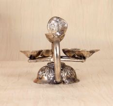 Silver Finish Brass Aarti Oil Lamp with Cobra Handle for Prayer Room