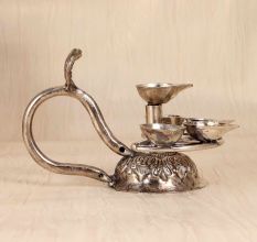 Silver Finish Brass Aarti Oil Lamp with Cobra Handle for Prayer Room