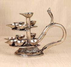 Handcrafted Nickel Plated Brass Aarti Oil Lamp for Prayer Room