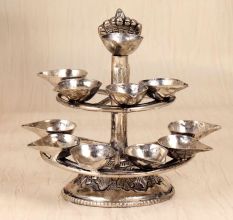 Handcrafted Nickel Plated Brass Aarti Oil Lamp for Prayer Room