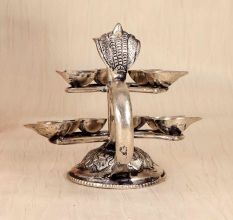 Handcrafted Nickel Plated Brass Aarti Oil Lamp for Prayer Room