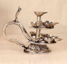 Handcrafted Nickel Plated Brass Aarti Oil Lamp for Prayer Room