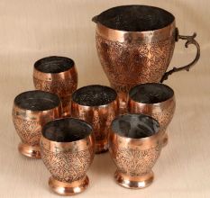 Handmade Engraved Copper Jug and Glass Set for Home Decor