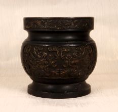 Engraved Vintage Brass Chinese Pot in Dark Finish for Decoration