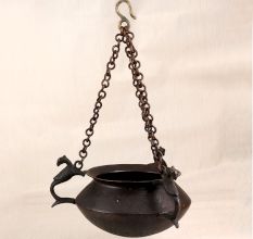 Engraved Vintage Brass Hanging Pot with Chain for Flower Decor