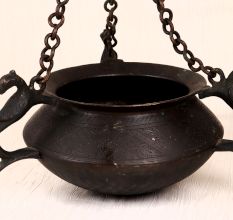 Engraved Vintage Brass Hanging Pot with Chain for Flower Decor