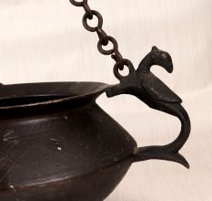 Engraved Vintage Brass Hanging Pot with Chain for Flower Decor