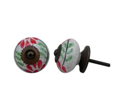 White Red Floral Crackle Ceramic Cabinet Knob