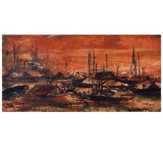 Board Painting of Boats During Sunset by Artist Jayanti Kumari