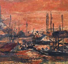 Board Painting of Boats During Sunset by Artist Jayanti Kumari