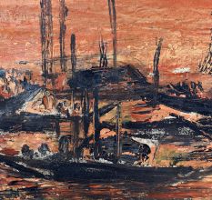 Board Painting of Boats During Sunset by Artist Jayanti Kumari