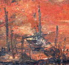 Board Painting of Boats During Sunset by Artist Jayanti Kumari