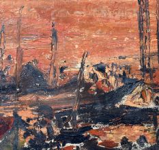 Board Painting of Boats During Sunset by Artist Jayanti Kumari