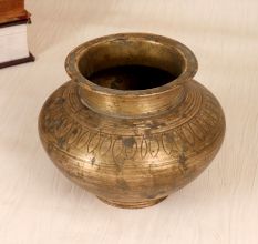Engraved Gujarati Brass Holy Water Pot in Brown Finish for Decor