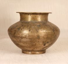 Engraved Gujarati Brass Holy Water Pot in Brown Finish for Decor