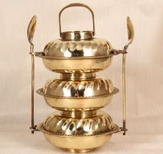 English Art Handmade Brass Tiffin Box with Spoon for Decor