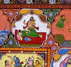 Lord Krishna's Life Pattachitra Cloth Paper Painting for Decoration