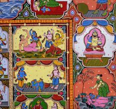 Lord Krishna's Life Pattachitra Cloth Paper Painting for Decoration