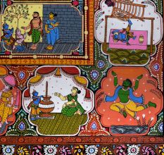 Lord Krishna's Life Pattachitra Cloth Paper Painting for Decoration