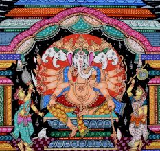Cloth Paper Painting of Lord Ganesha in Pattachitra Art for Prayer Room
