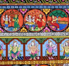 Cloth Paper Painting of Lord Ganesha in Pattachitra Art for Prayer Room