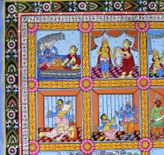 Lord Krishna's Life Pattachitra Painting on Cloth Paper for Prayer Room