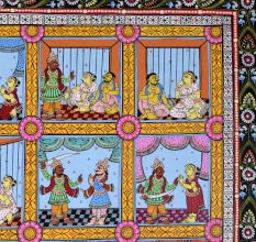 Lord Krishna's Life Pattachitra Painting on Cloth Paper for Prayer Room