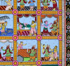 Lord Krishna's Life Pattachitra Painting on Cloth Paper for Prayer Room