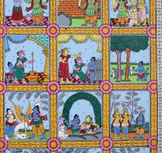 Lord Krishna's Life Pattachitra Painting on Cloth Paper for Prayer Room