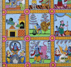 Lord Krishna's Life Pattachitra Painting on Cloth Paper for Prayer Room