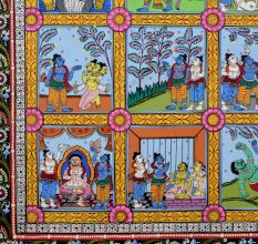 Lord Krishna's Life Pattachitra Painting on Cloth Paper for Prayer Room