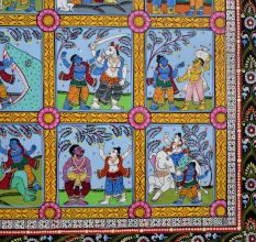 Lord Krishna's Life Pattachitra Painting on Cloth Paper for Prayer Room