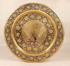 Brown and Blue Colour Brass Hanging Plate with Peacock Carving