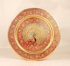 Handcrafted Premium Brass Red and Blue Hanging Plate for Decor