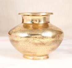 Shiny Golden Engraved Brass Holy Water Pot for Hindu Rituals