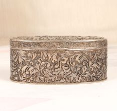 Vintage Grey Finish Metal Oval Box with Engraving for Decoration