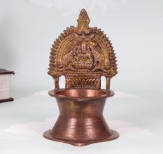 Vintage Brown Brass Gaja Lakshmi Oil Lamp for Prayer Room