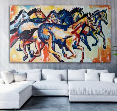 The Seven Running Horses Canvas Painting by Artist Ashok Jadav 48 x 96 Inch