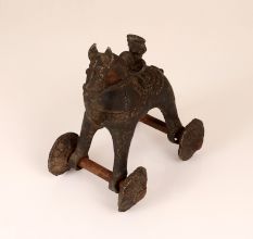 Indian Vintage Brown Brass Horse with Wheel for Decoration