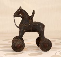 Indian Vintage Brown Brass Horse with Wheel for Decoration