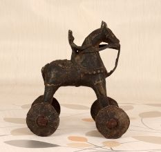 Indian Vintage Brown Brass Horse with Wheel for Decoration