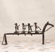 Handmade Vintage Brass Long Horse with Four Warriors Statue