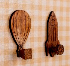 Wooden Adhesive Hot Air Balloon And Rocket Shape Wall Hooks-Pack of 2