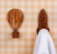 Wooden Adhesive Hot Air Balloon And Rocket Shape Wall Hooks-Pack of 2
